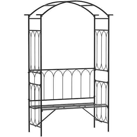 Outsunny Rosenbogen aus Metall Rankhilfe für Kletterpflanzen Gartenbogen mit Bank Spitze Rankbogen Torbogen für Rosen Bögen Rosenhilfe Rankgitter für Garten 115 x 50 x 203 cm Schwarz