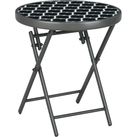 Outsunny Round Folding Side Table w/ Imitation Marble Glass Top Black and White