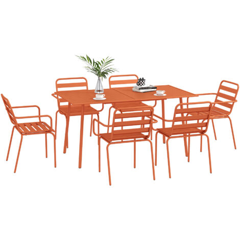 Outsunny – Salon de jardin 7 pièces – Ensemble salle à manger extérieur avec table en acier 150x80cm et 6 chaises empilables rouges – Facile à nettoyer