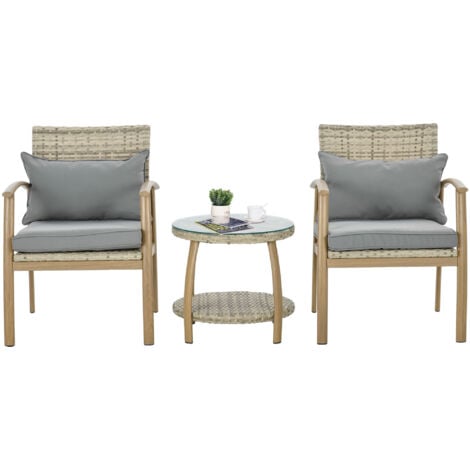 Outsunny Salotto da Giardino in Rattan 2 Poltrone con Cuscini e Tavolo in Vetro