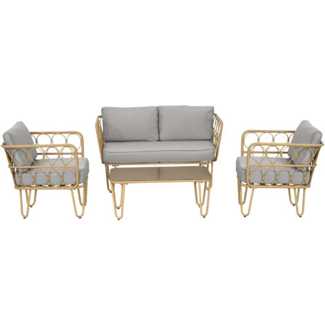 Outsunny Salotto da Giardino Rattan 4 Pezzi con Divano 2 Posti, 2 Poltrone e Tavolino con Piano in Vetro, Cuscini Sfoderabili e Lavabili, Giallo