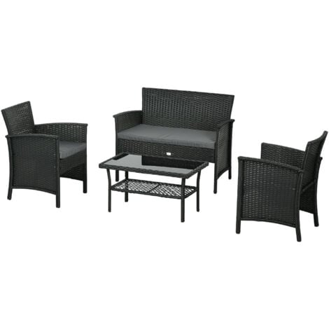 Outsunny Salotto da Giardino Rattan PE con 2 Poltrone, Divano e Tavolino Vetro