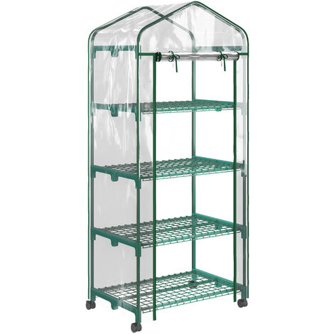 Outsunny – Mini serre de balcon sur roulettes 4 étagères – Acier thermolaqué – Bâche PVC zippée – Dimensions 0,69L x 0,5l x 1,65H m