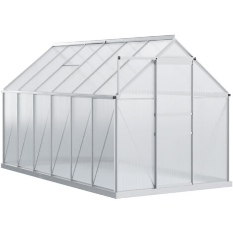 Outsunny Serre de Jardin en Polycarbonate 7,1 m² 1,9L x 3,75l x 1,99 m avec Fondation, Lucarne réglable, Porte coulissante - Argent et Transparent