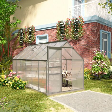 Outsunny Serre de Jardin en Polycarbonate 7.1 m² dim. 1.9L x 3.75l x 1.99 m avec Fondation. Lucarne réglable. Porte coulissante - Argent et Transparent