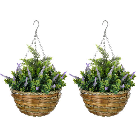 Outsunny Set 2 Piante Artificiali con Vaso e Gancio Ø25x34 cm Verde Viola