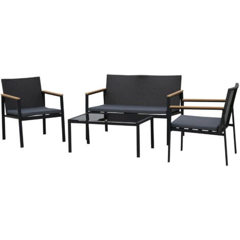 Outsunny Set 4 Pezzi Mobili da Giardino in Rattan e Acciaio Nero