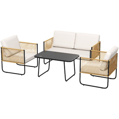 Outsunny Set da Esterno 4 Pz con Divanetto, 2 Poltrone e Tavolino Basso
