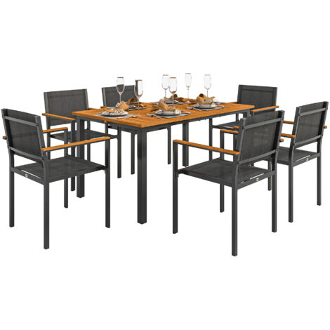 Outsunny Set da Esterno con Tavolo da Pranzo e 6 Sedie Impilabili Teak
