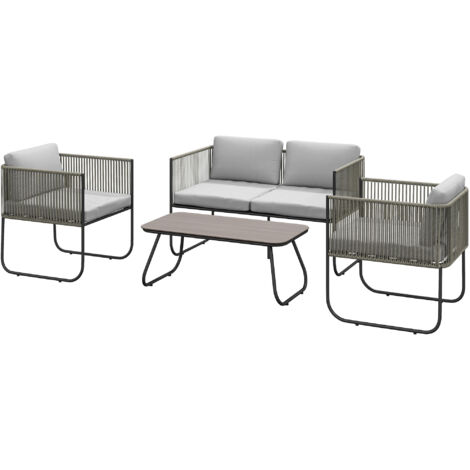 Outsunny Set da Esterno in Rattan Divano, 2 Poltrone e Tavolino in Vetro Grigio
