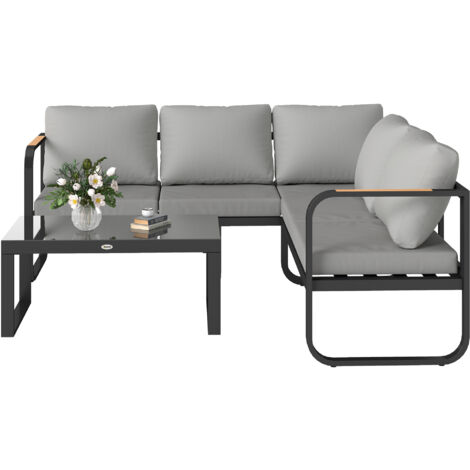 Outsunny Set da Giardino 3pz con Divano 3 Posti, Divanetto e Tavolo Grigio Nero