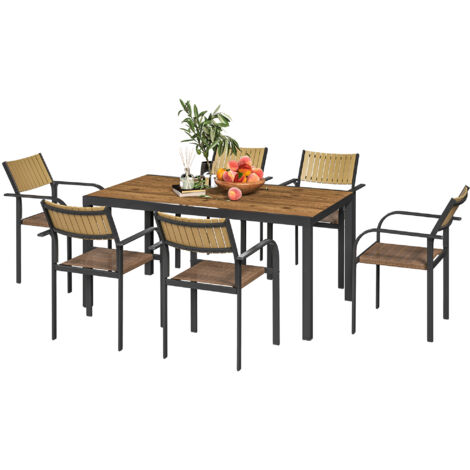 Outsunny Set da Giardino Tavolo Allungabile con 6 Sedie Impilabili, Marrone