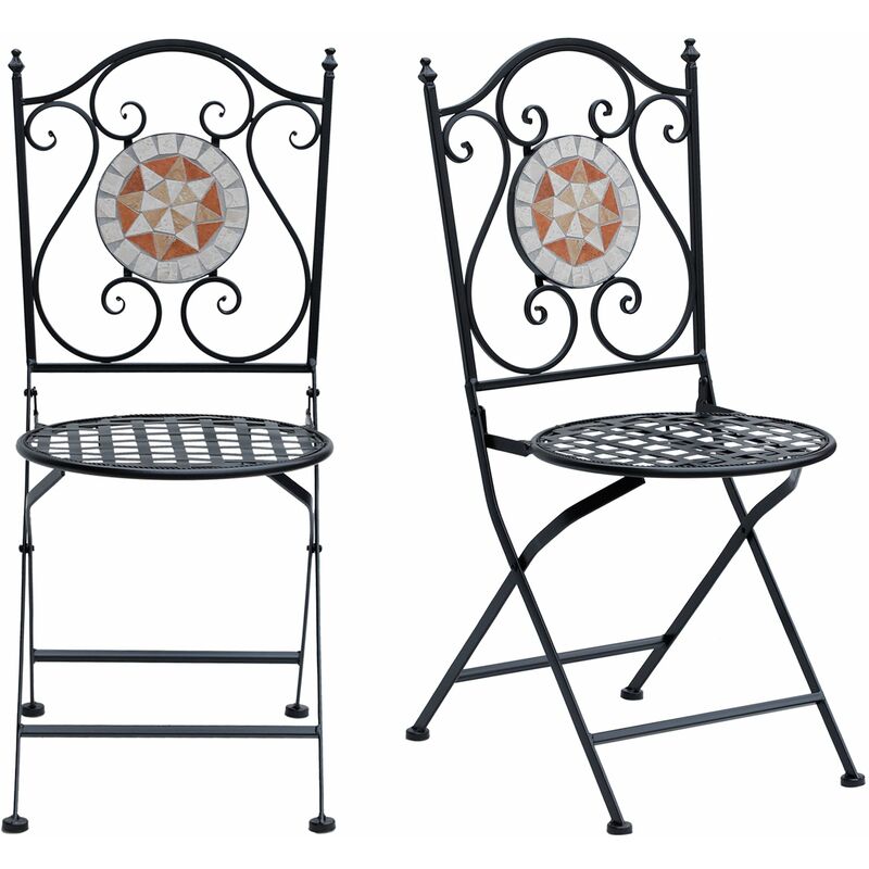 

Outsunny - Set de 2 Sillas Plegables de Jardín Bistro Silla Asiento Mosaico Terraza Acero - Negro