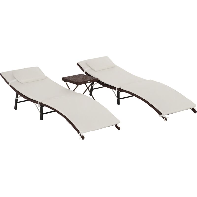 

Outsunny - Set de 2 Tumbonas con Mesita Plegable de Ratán con Cojines para Jardín Exterior - Beige
