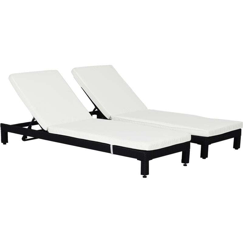 

Outsunny - Set de 2 Tumbonas de Ratán Chaise Longue con Cojín para Exterior Jardín - Negro