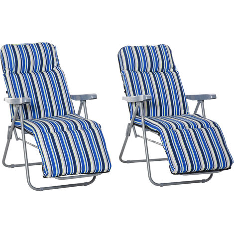 Outsunny Set of 2 Adjustable Sun Lounger Recliner Reclining Seat Blue and White