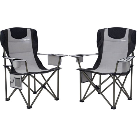 Outsunny Set of 2 Folding Camping Chairs, Padded Camping Chairs with Adjustable Armrests, Portable & Lightweight Folding Camp Chair with Cooler Bag, Cup Holder and Side Pockets, Grey