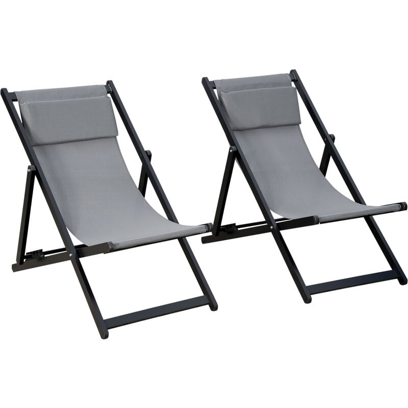 Set of 2 Folding Garden Beach Aluminium Frame Deck Chairs Dark Grey - Outsunny