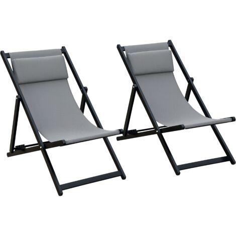 Outsunny Set of 2 Folding Garden Beach Aluminium Frame Deck Chairs Dark Grey