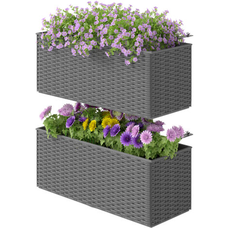 Outsunny Set of 2 Hanging Flower Boxes, 50 cm Long, Rattan Look, Grey