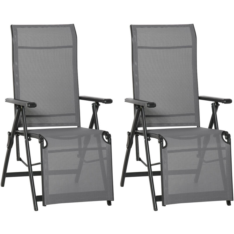 Set of 2 Outdoor Sun Lounger Adjustable Folding Steel Chaise Reclining Lounge Chairs with 10 Back and Leg Positions, Grey - Outsunny