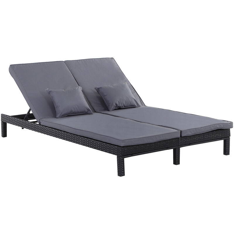 2 Person PE Rattan Sun Loungers Adjustable w/ Metal Frame Padded Seat Black Grey - Outsunny