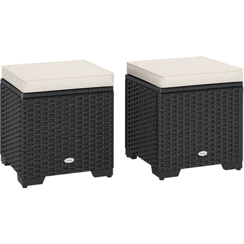 Outsunny - Set of 2 Rattan Footstool, Storage Ottoman w/ Cushions, Cream