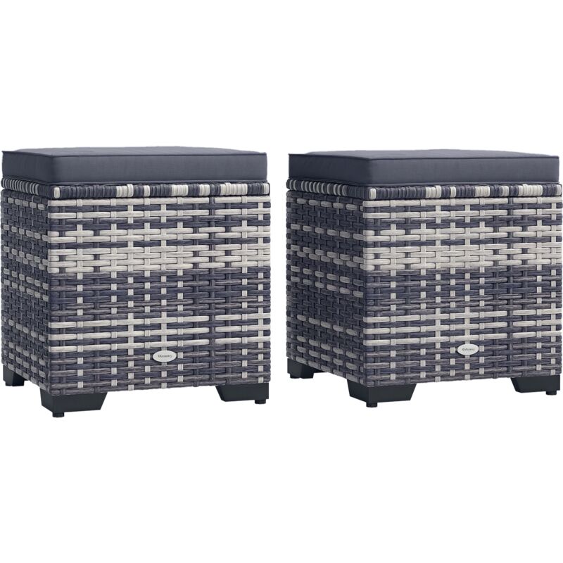 Outsunny - Set of 2 Rattan Footstool, Storage Ottoman w/ Cushions, Dark Grey