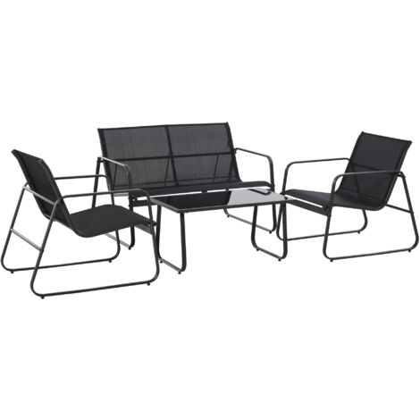 Outsunny Set Tavolino, Panchina e 2 Sedie da Giardino e Texteline Nero