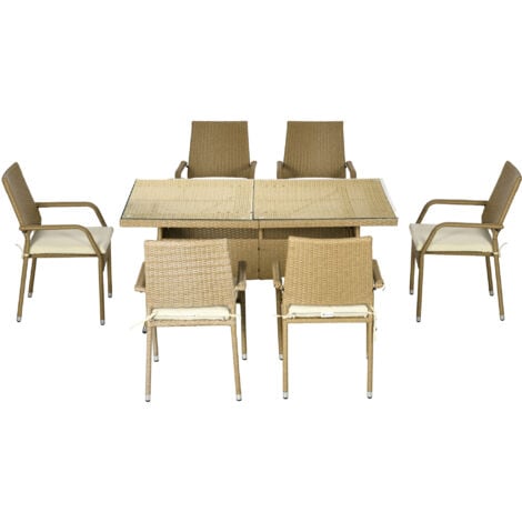 Outsunny Set Tavolo e Sedie da Giardino 7 pz in Rattan PE color Sabbia e Beige