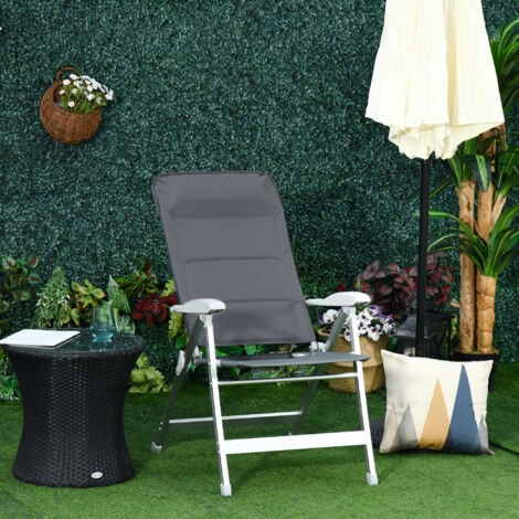 Outsunny Silla de Jardín Plegable Portátil de Aluminio con Respaldo Alto Ajustable en 7 Posiciones y Reposacabezas Acolchado para Exterior Terraza Camping 75x61,5x114,5 cm Gris