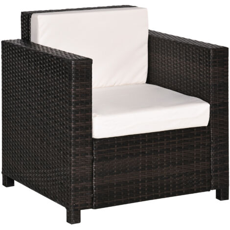 Outsunny Single Seater Rattan Chair, PE Wicker Garden Armchair with 10 cm Thickened Cushion, All-Weather Rattan Garden Chair with Armrests, Brown