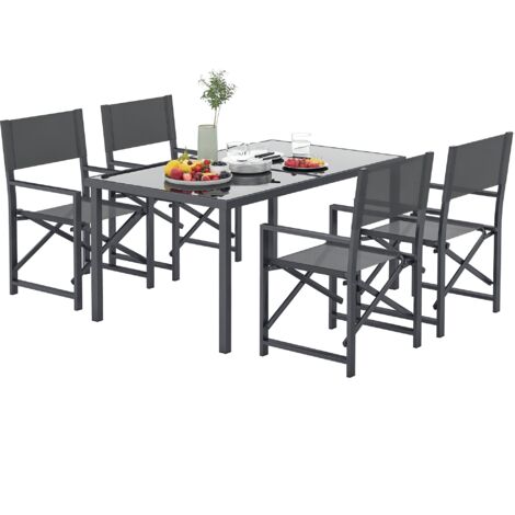 Outsunny Sitzgruppe 5-teilig Essgruppe Stahl für 4 Personen Esstisch mit 4 klappbar Stühlen Esszimmergruppe mit Glastisch Küchentisch-Set Balkonmöbel Gartenmöbel für Terrasse, Balkon Grau