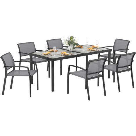 Outsunny Sitzgruppe 7 tlg. Essgruppe für 6 Personen Esstisch mit 6 Stapelbare Stühle, Esszimmergruppe Küchentisch-Set mit Stahlgestell Balkonmöbel Gartenmöbel für Terrasse, Balkon Grau