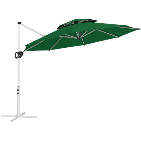 Outsunny sombrilla de jardín Ø292 cm parasol excéntrico con manivela giratorio 360° inclinación ajustable doble techo y base cruzada verde oscuro