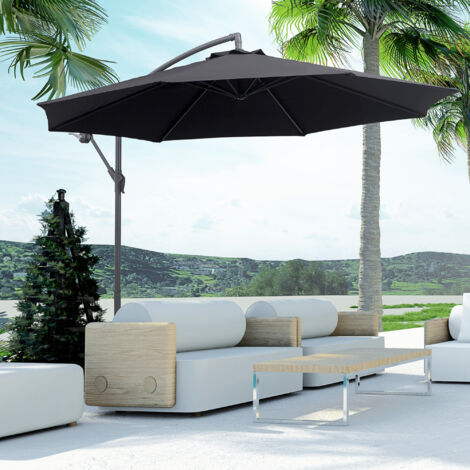 Outsunny Sombrilla de Jardín Ø295x250 cm Parasol Excéntrico Inclinable con Manivela Base Cruzada y Soporte de Metal 8 Varillas para Terraza Exterior Balcón Negro