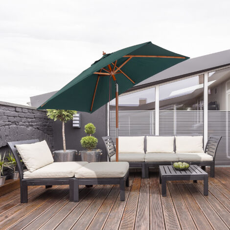 Outsunny Sombrilla Terraza Exterior 200x150 cm Sombrilla de Jardín Rectangular con Ángulo Ajustable Mástil de Madera y Manivela Parasol para Patio Terraza Verde