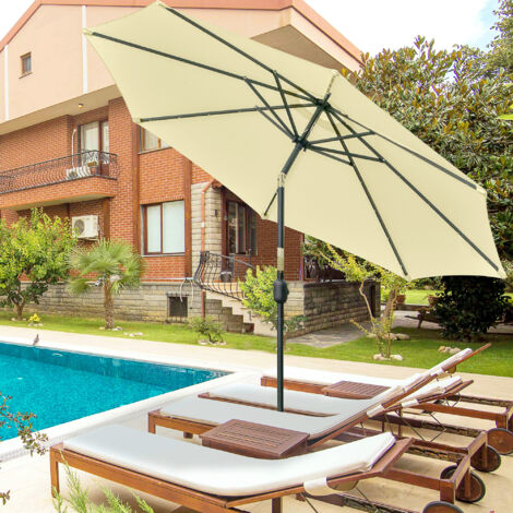Outsunny Sombrilla Terraza Exterior Ø265 cm Sombrilla de Jardín con 32 Luces LED Solares Poste de Acero y Manivela Parasol Inclinable para Patio Terraza Beige