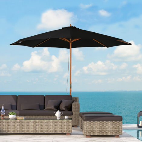 Outsunny Sombrilla Terraza Exterior Ø300 cm Sombrilla de Jardín con Sistema de Polea Techo Ventilado y Poste Desmontable de Madera Parasol para Patio Terraza Negro