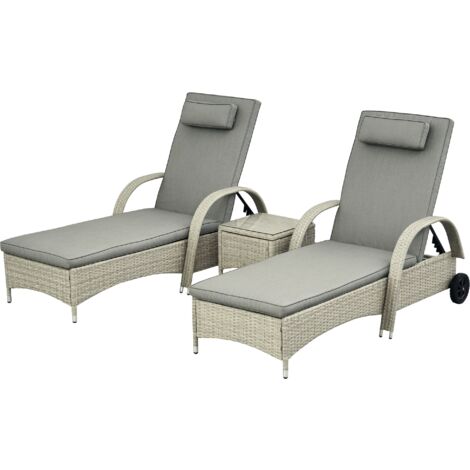 Outsunny Sonnenliege Gartenliege Tisch 3er-Set Gartenmöbel, Polyrattan+Metall Grau