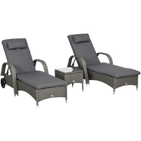 Outsunny Sonnenliege Gartenliege Tisch 3er-Set Gartenmöbel, Polyrattan+Metall Grau+Dunkelgrau