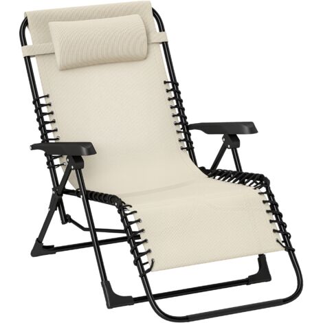 Outsunny Sonnenliege klappbar Gartenliege mit Kopfkissen, Liegestuhl mit 5-Fach verstellbare Rückenlehne, wetterfeste Campingliege, Gartenstuhl bis 120 kg belastbar, für Garten Outdoor Strand, Beige