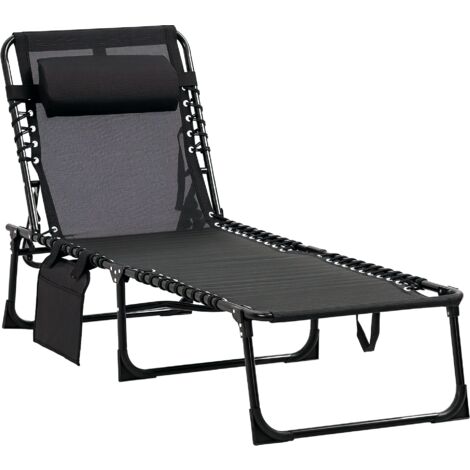 Outsunny Sonnenliege klappbar Gartenliege mit Kopfkissen, Seitentasche, Liegestuhl mit 5-Fach verstellbare Rückenlehne, wetterfeste Campingliege bis 120 kg belastbar, für Garten Strand Pool, Schwarz