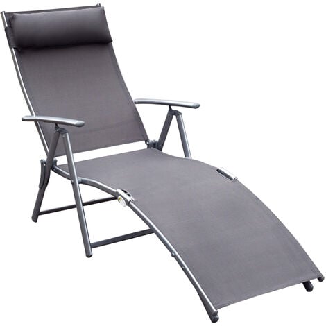 Outsunny Sonnenliege klappbar Strandliege mit Kopfkissen Liegestuhl mit 7-Fach verstellbare Rückenlehne Gartenliege Relaxliege Gartenstuhl bis 165 kg belastbar, für Garten Urlaub Outdoor, Grau