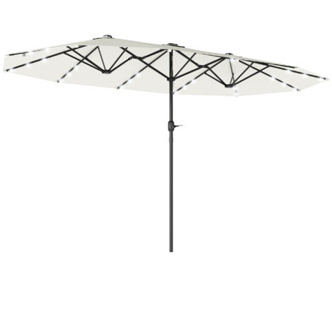 Outsunny Sonnenschirm mit LED Doppelsonnenschirm 440 x 256 cm Gartenschirm Marktschirm groß Terrassenschirm mit Handkurbel Oval Metall Cremeweiß
