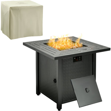Outsunny Square Propane Gas Fire Pit Table, 40000 BTU Rattan Smokeless Firepit Patio Heater with Protective Cover, Glass beads and Lid, 71cm x 71cm x 63cm, Black