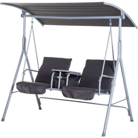 Outsunny Steel Frame 2-Seater  Swing Chair w/ Table Grey