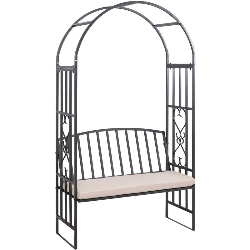 Outsunny - Garden Arbor Arch Metal Bench Padded Seat Outdoor Decoration Patio