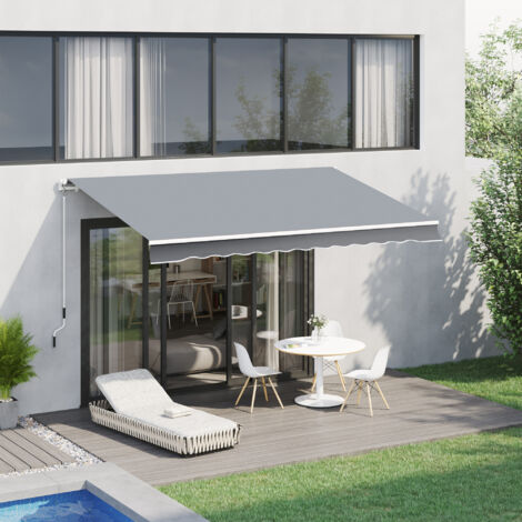 Outsunny Store banne manuel rétractable 395 x 245 cm store exterieur terrasse avec manivelle. angle réglable 45°-85°. aluminium et polyester 280 g/m². protection UV. auvent de terrasse. gris