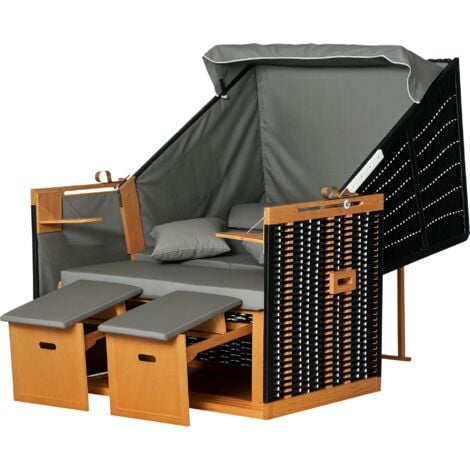 Outsunny Strandkorb Ostsee Volllieger 2-Sitzer Winterfest Strandkörbe aus Hartholz, Strandkorb mit Dach Fußbänkchen Seitentische Strandkorbhülle, Strandstuhl für Balkon, Garten Terrasse, Hellgrau